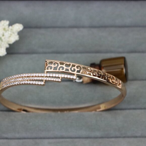 Rose Gold Bangle with Cutout Scroll Design and Triple Row Stones, XPBL0526 - Picture 10 of 12